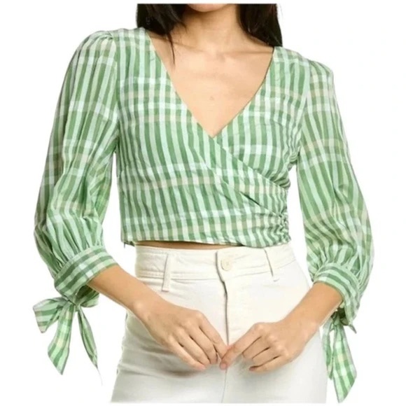 CINQ‎ A SEPT Flora Check Faux Wrap Top Size S Hemp (Green) - Picture 2 of 10